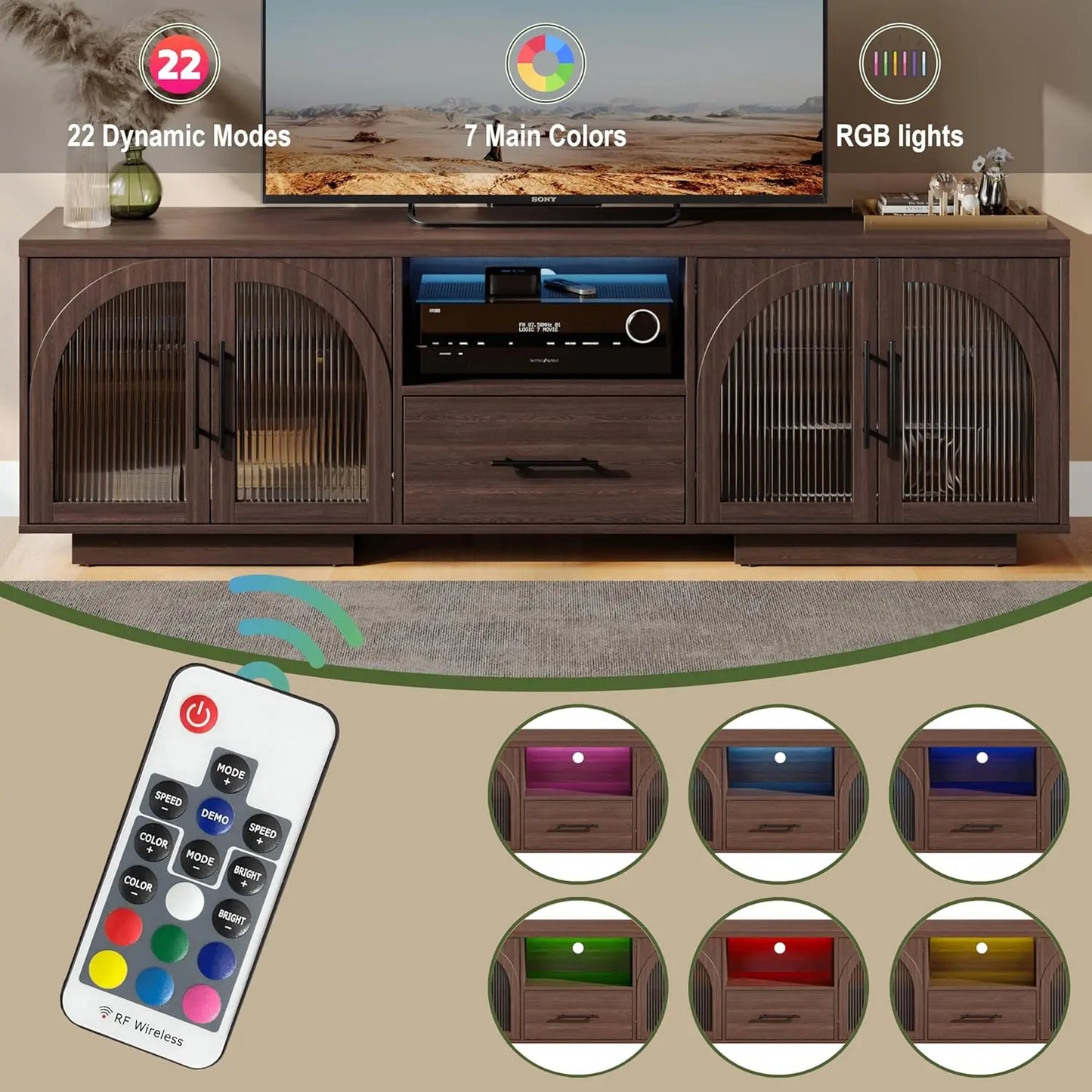 70 Inch TV Stand for 80 Inch TVs Entertainment Center with LED Lights Arched Glass Doors