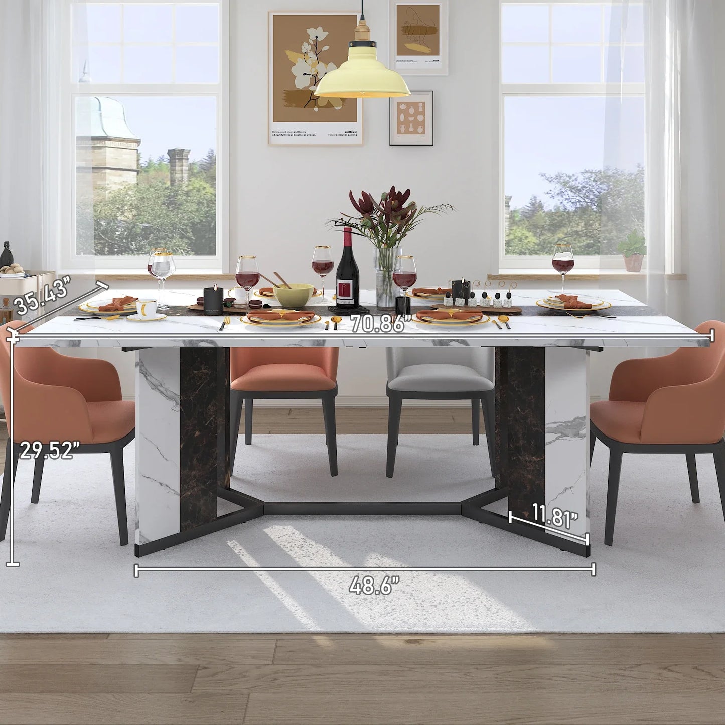 71In Large Rectangular White Dining Table for 4 5 6 8 10 People, Family Dinner Table w/Marble Color, Wood Tabletop, Metal Leg