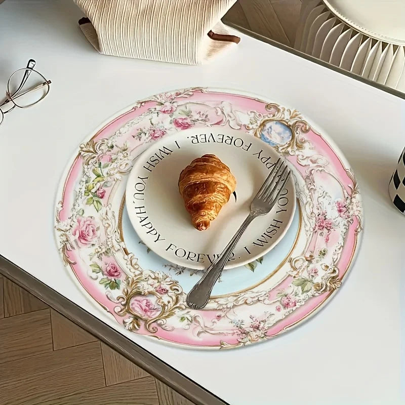 VIKAMA 4PC European Rose Meal Mat Light Blue Bottom Pink Round Table Decoration and Accessories