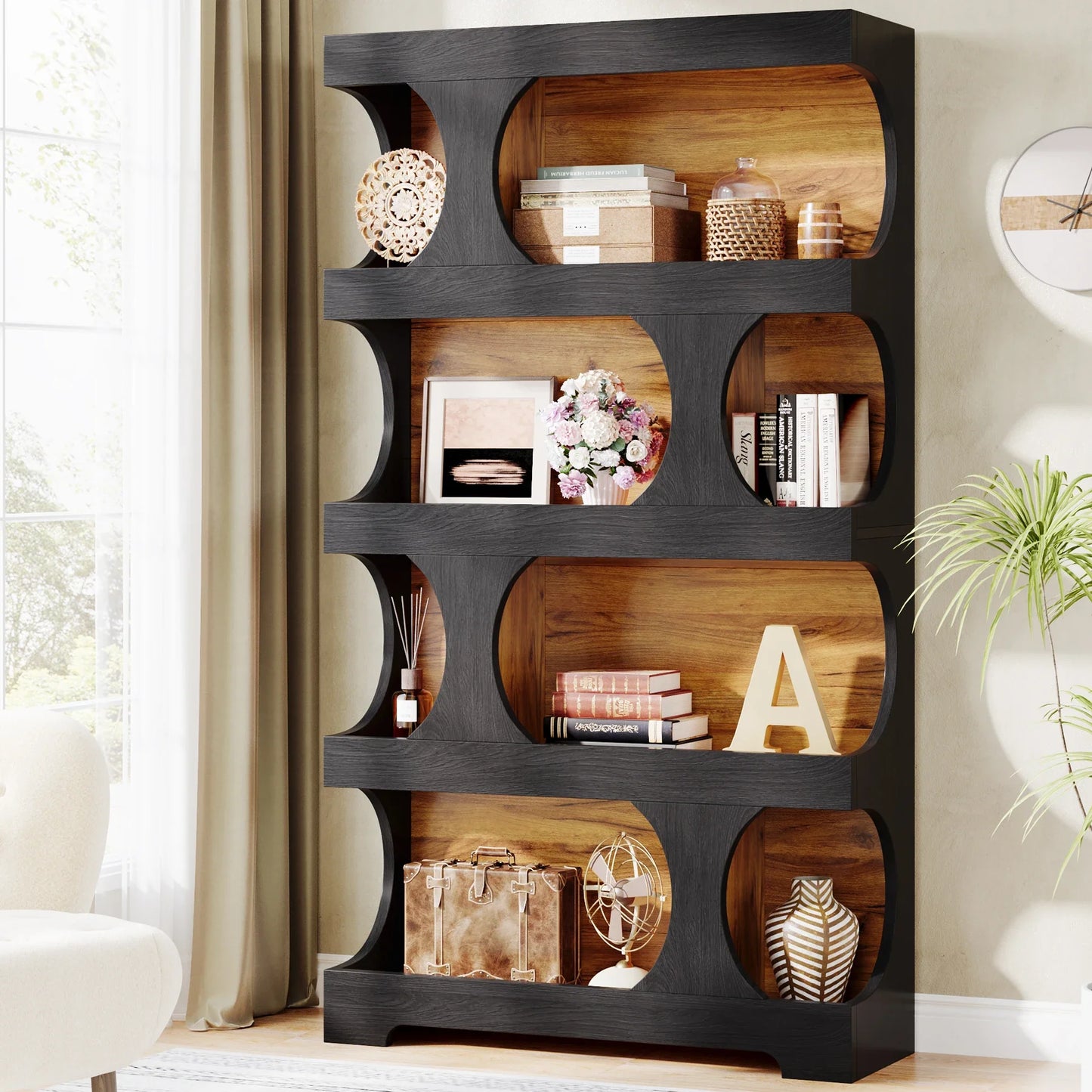Tribesigns 71" Tall Bookcase, 4-Tier S-Shaped Bookshelf, Wood Modern Freestanding Display Shelves