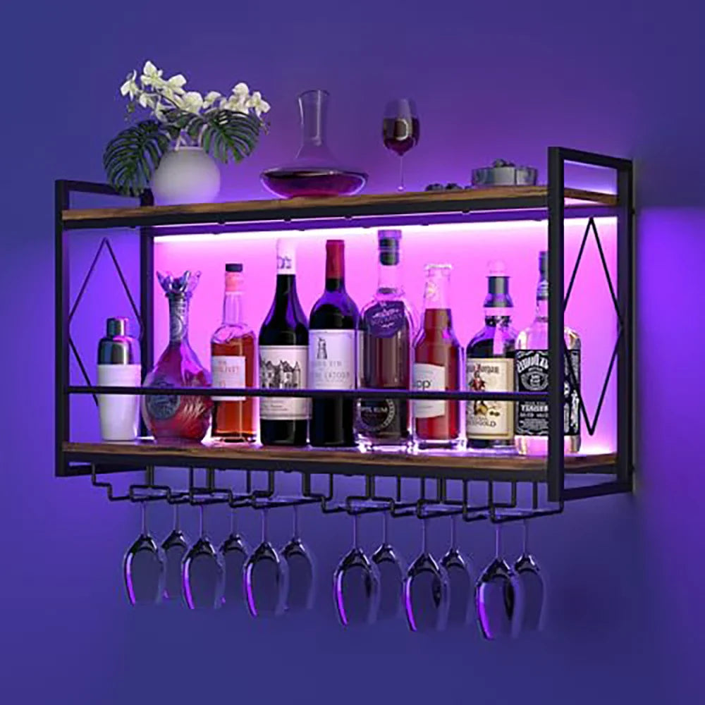 Wall Mount Wine Rack: 31.5" LED Metal Shelf with Glass Holder for Home Bar