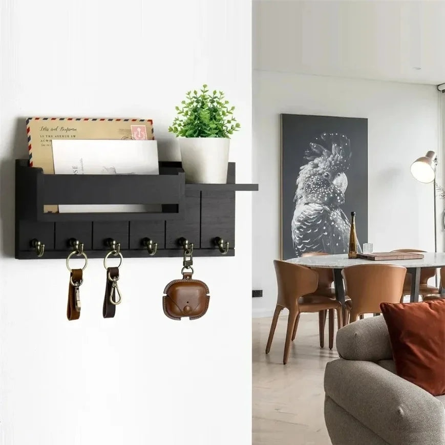 Rustic Wood Key Holder with Shelf Wall Mounted Decorative Key Rack  6 Key Hooks