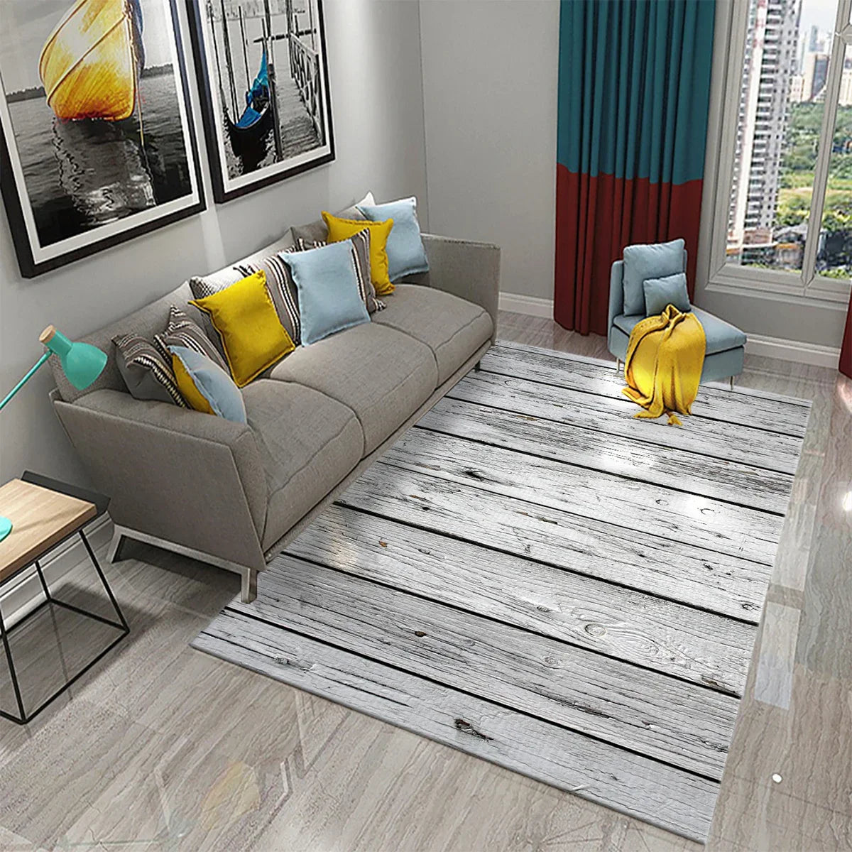 Rectangular Staggered 3d Planks Carpet Geometric Wood Grain Non-Slip Floor Rug
