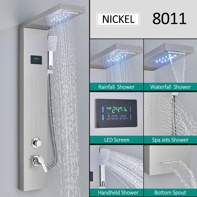 LED Shower Panel Tower System Rain Waterfall Shower LCD Display With Massage  Shower Faucet