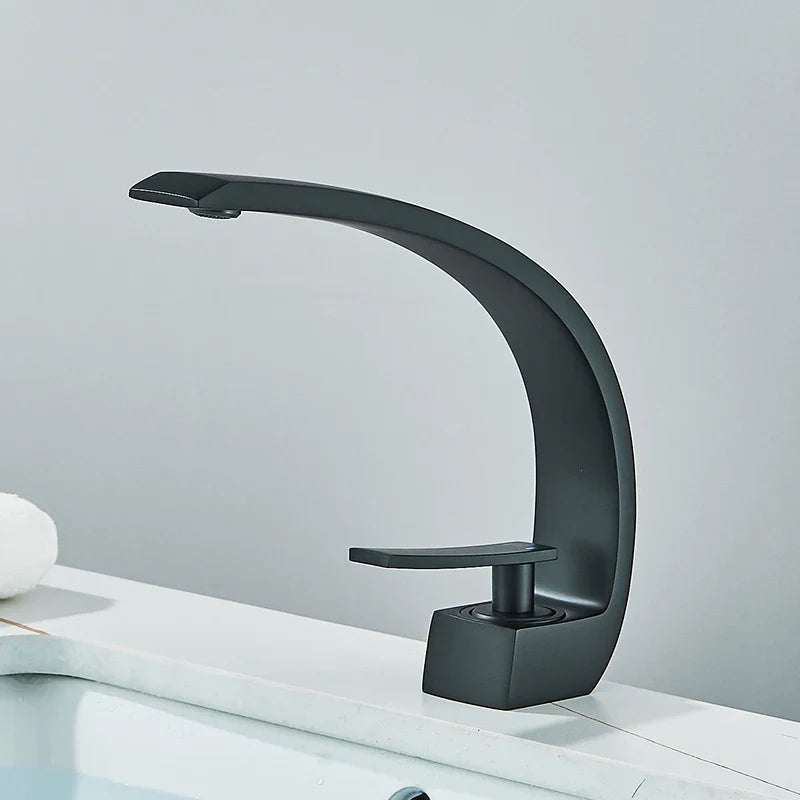 Luxury Brass Basin Faucet Deck Mounted Black Hot Cold Water Single Hole For Bathroom