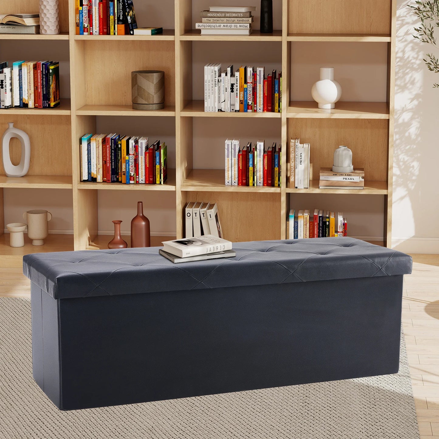 JHK 43 Inches Leather Folding Ottoman Storage Footstool For Living Room