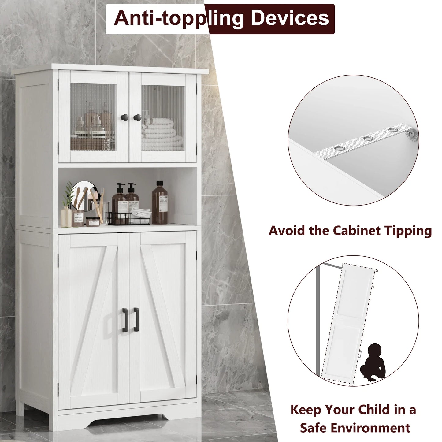 Free Standing Kitchen Pantry Cupboard with 4 Doors with Tempered Glass Doors