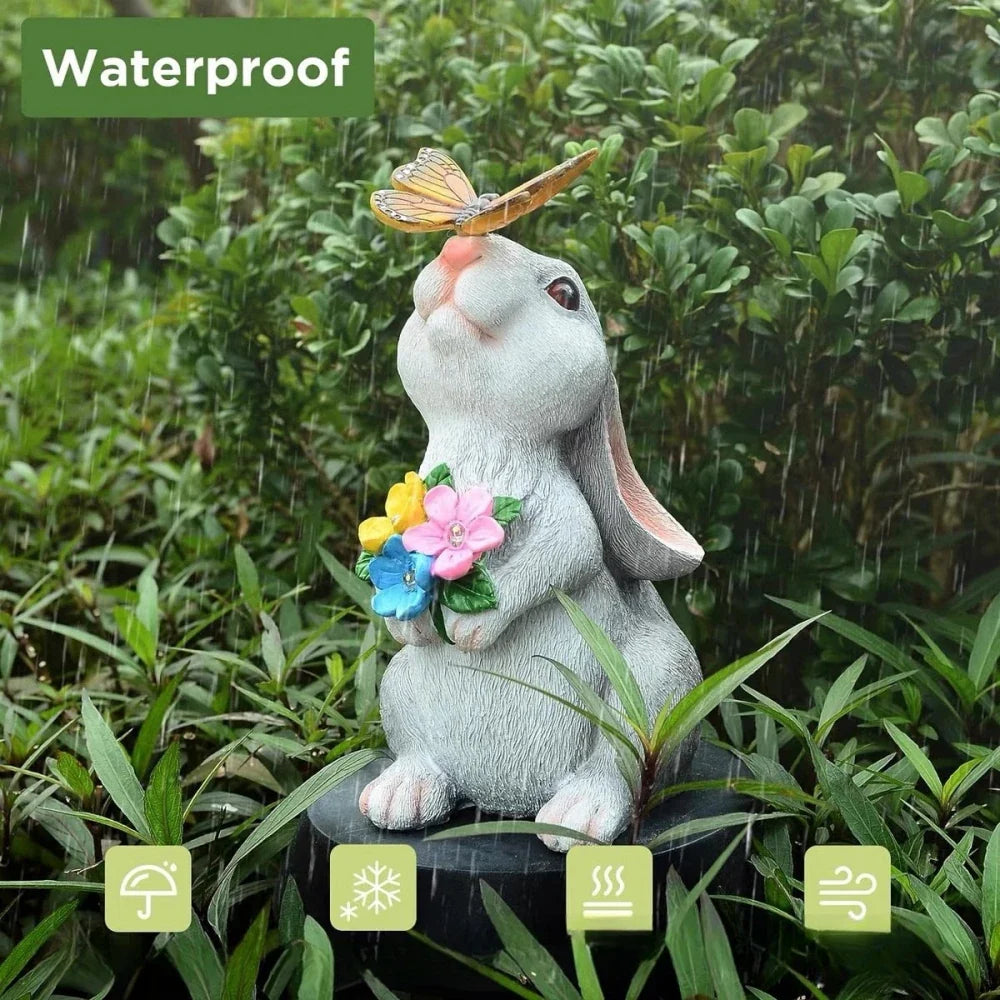 Solar Bunny Statue Garden Decor with Butterfly LED Light Resin Animal Figurine for Garden Courtyard