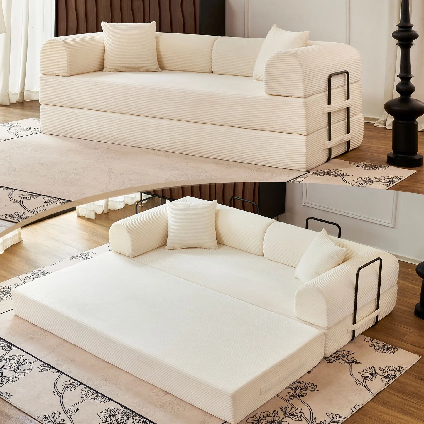 79" Convertible Sofa Bed with Fixed-Shape Frame & Removable Armrests, Modular Corduroy