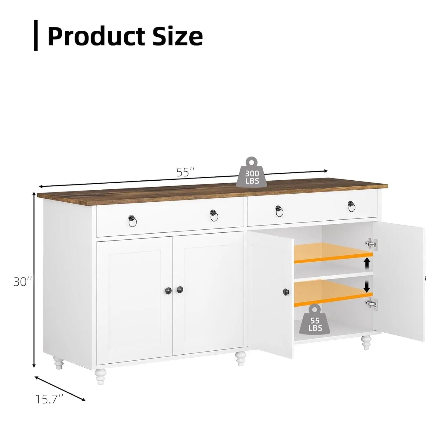 Buffet Cabinet with Storage, 55'' Large Farmhouse Cabinet with 2 Drawers and 4 Doors