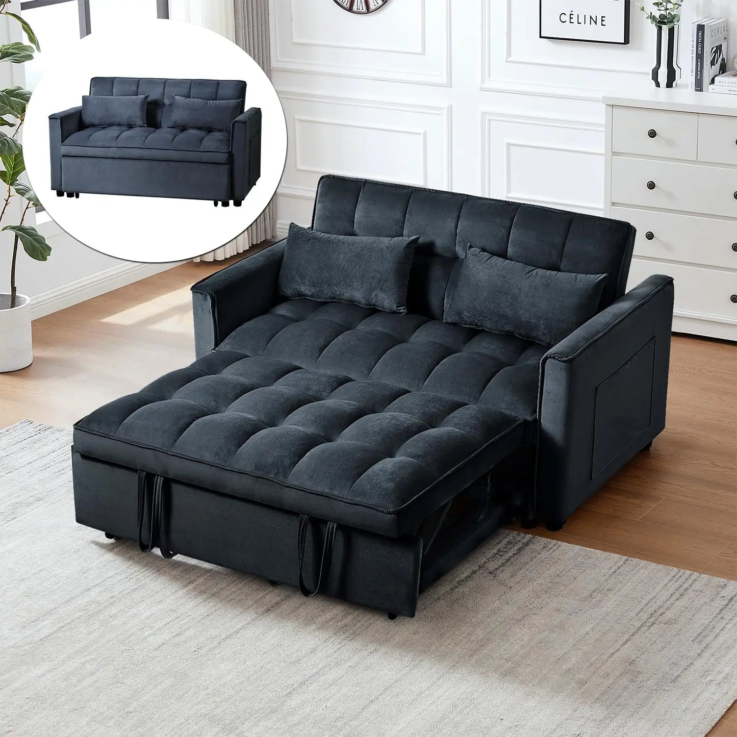 3 in 1 Convertible Sleeper Sofa Bed, Futon Couches for Living Room with Side Pocket