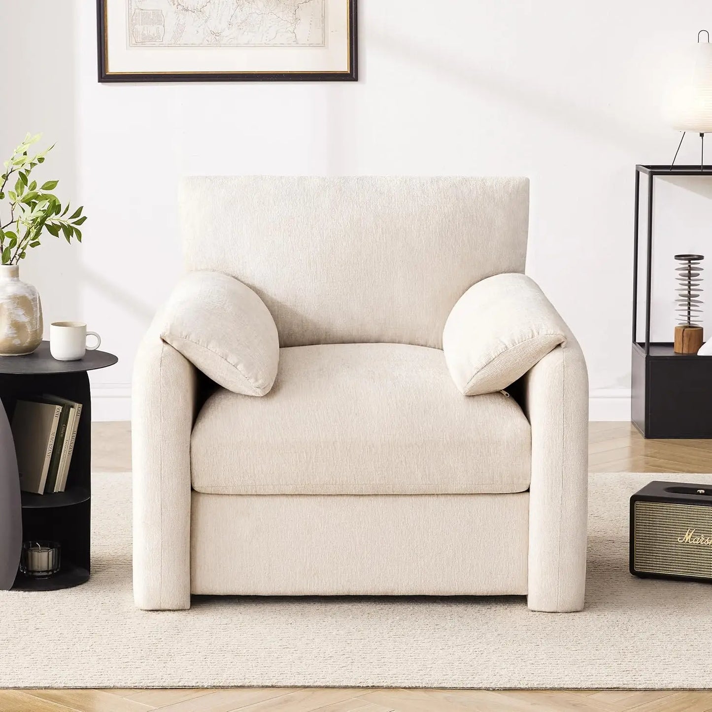 38.6in Chenille Oversized Armchair Mid-Century Upholstered Living Room Bedroom Beige
