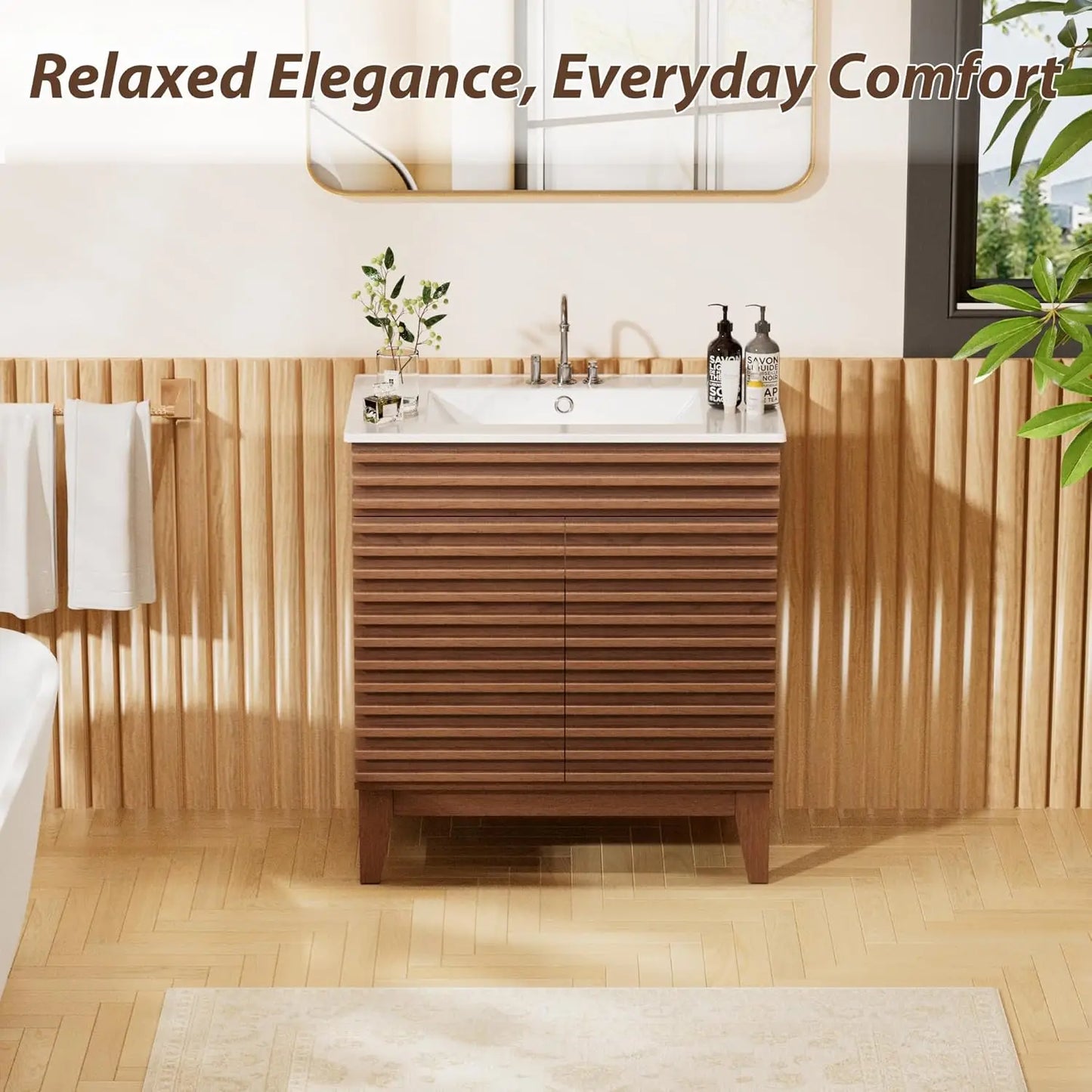 30" Mid-Century Bathroom Vanity Cabinet Ceramic Sink Soft Close Doors Freestanding
