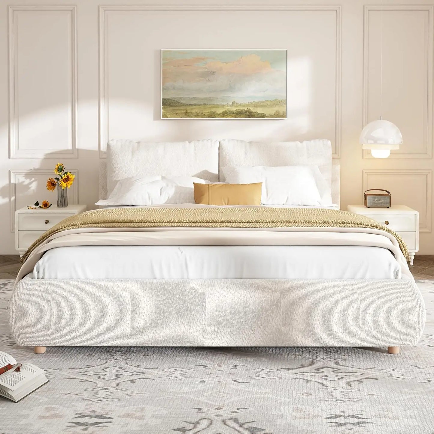 Queen Size Bed Frame with Removable Pillow Headboard,  Platform Cloud Bed, Wood Slats Support,