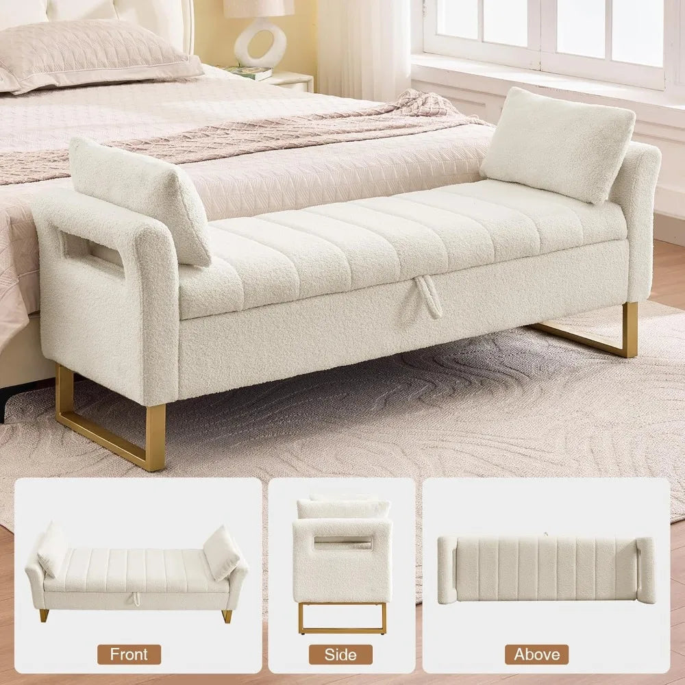 66'' King Size Storage Bench with Gold Legs, Cream White Teddy Ottoman