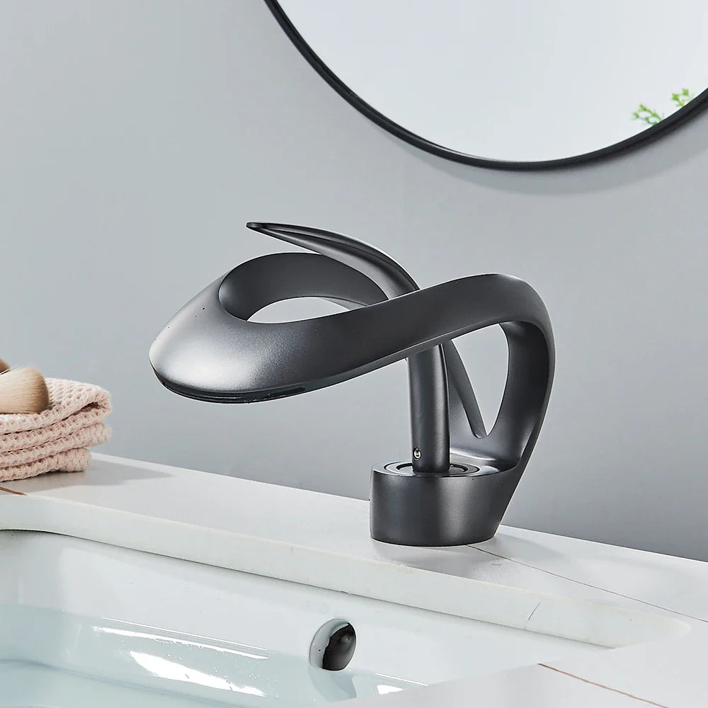 Rozin Luxury Black Basin Faucet Grey Bathroom Waterfall Mixer Tap Brass Deck Mount Modern Style