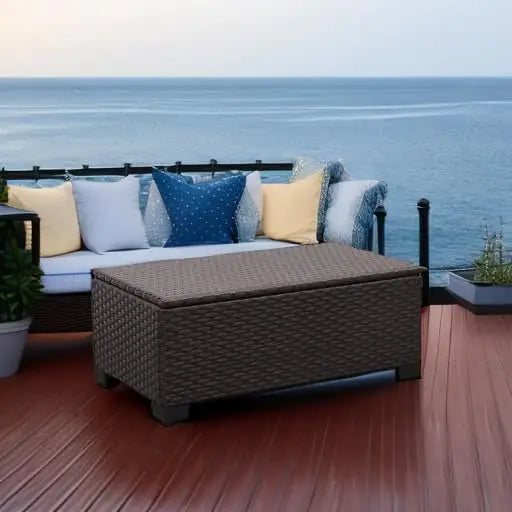 Outdoor Storage Table Wicker Patio Coffee Table with Waterproof Cover, Brown