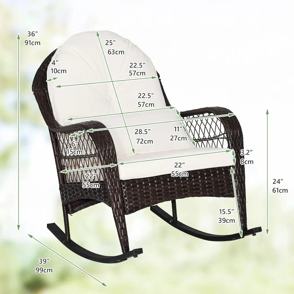 Patio Wicker Rocking Chair, Outdoor Rocker with Seat and Back Cushion, Waist Pillow, Armrests, Garden Chair