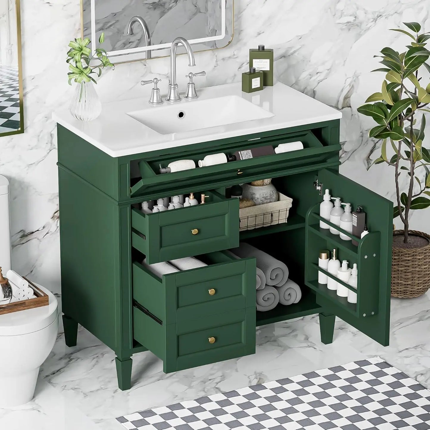 36in Solid Wood Bathroom Vanity with Soft-Close Doors & Tip-Out Drawer Undermount Sink Cabinet Green