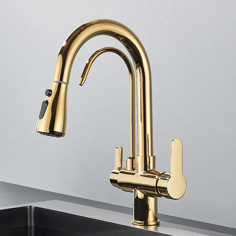 Quyanre Matte Black Filtered Crane For Kitchen Pull Out Spray 360 Rotation Water Sink Mixer Kitchen Faucet