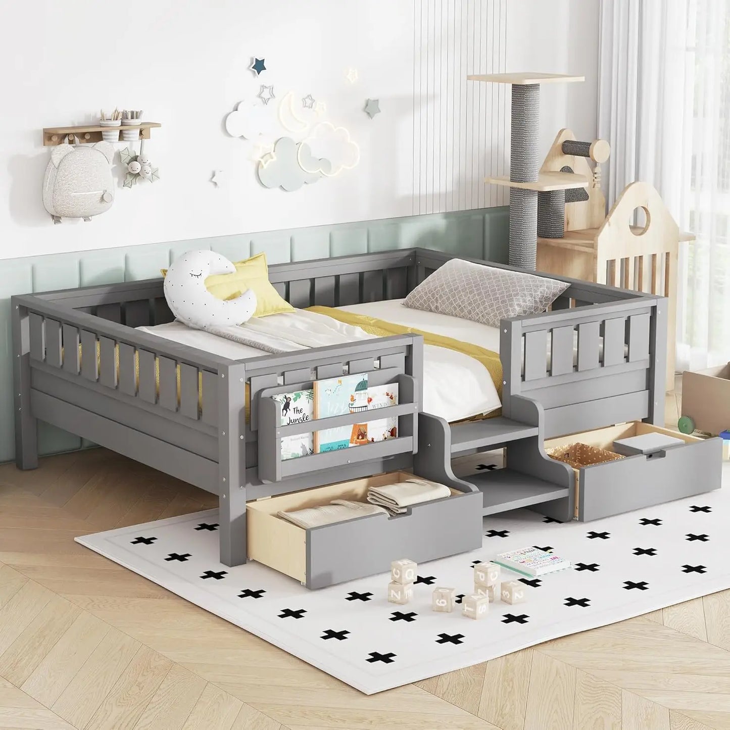 Full Size Kids Montessori Bed Frame with Stairs Bookshelf Drawers Storage Low Profile, 6 different finishes^








differeny