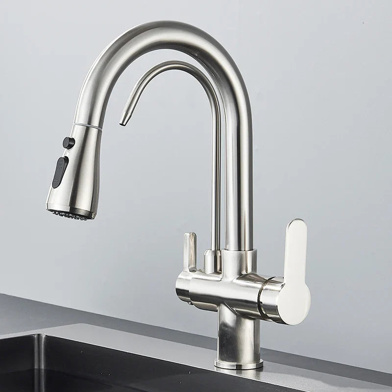 Quyanre Matte Black Filtered Crane For Kitchen Pull Out Spray 360 Rotation Water Sink Mixer Kitchen Faucet