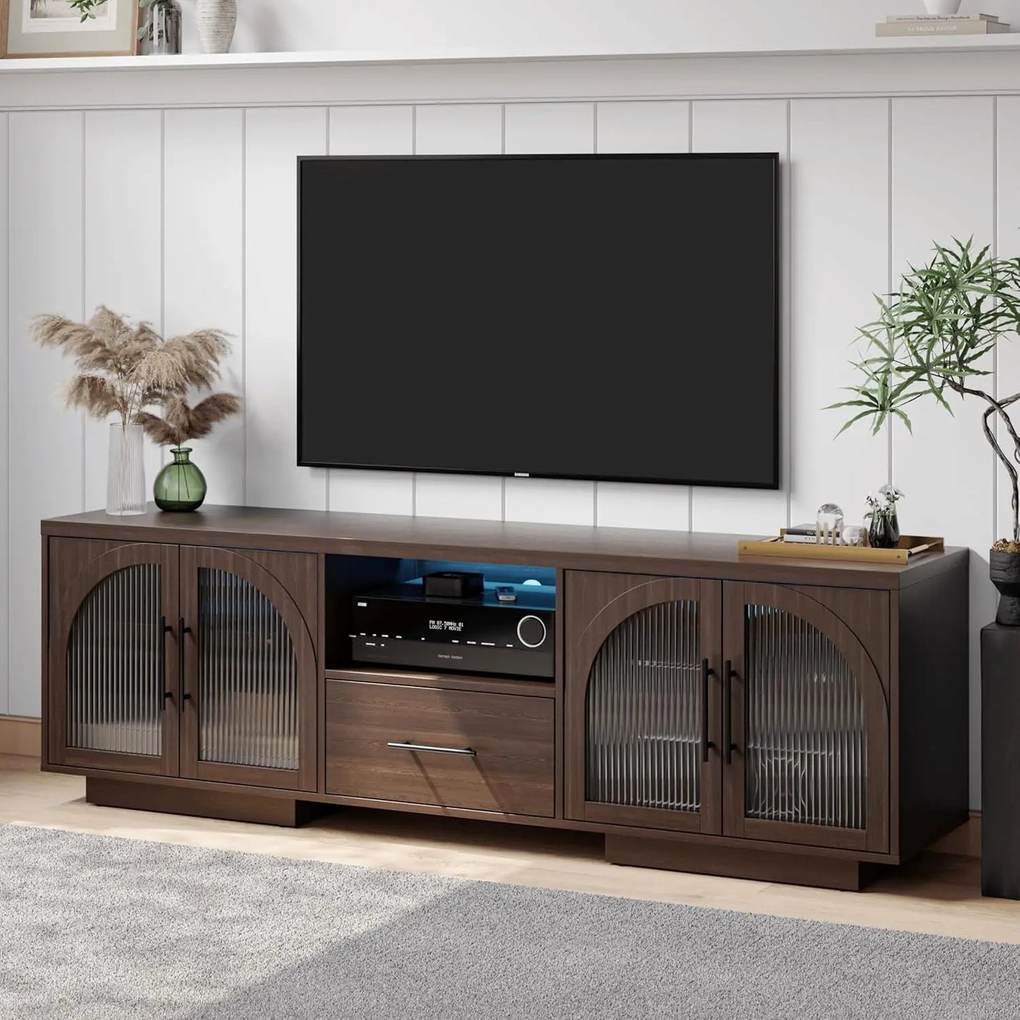 70 Inch TV Stand for 80 Inch TVs Entertainment Center with LED Lights Arched Glass Doors