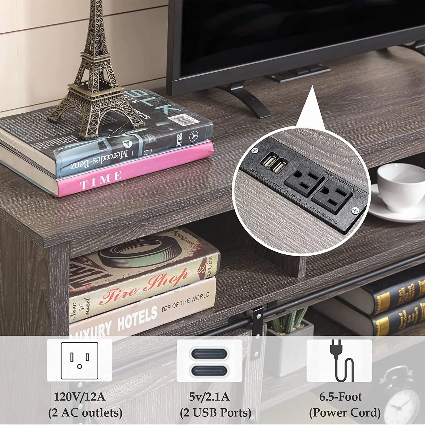 TV Stand Farmhouse Coffee Bar Cabinet Rustic Sliding Barn Door Cabinet with Power Outlet & LED Light