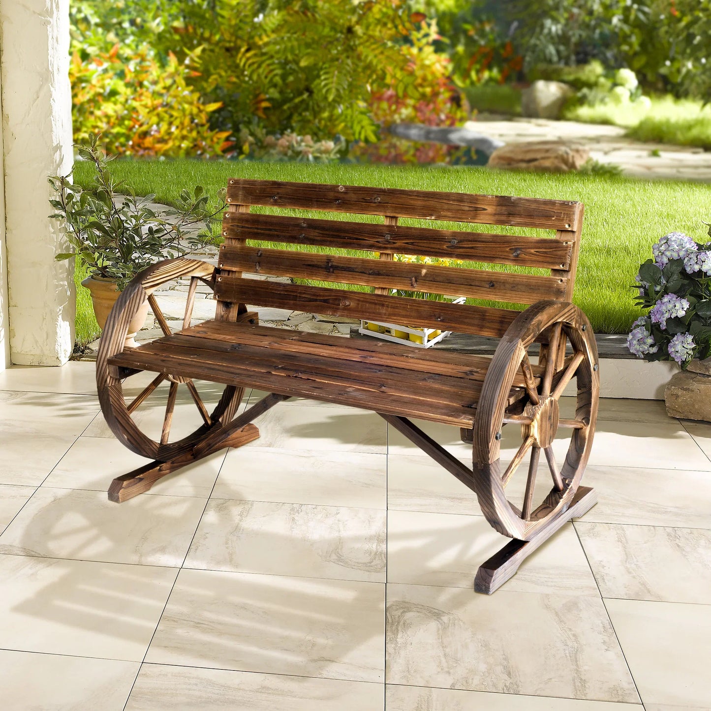 Outdoor Rustic Fir Wood Bench with Wagon Wheel Armrests Weather Resistant 550 Lbs Capacity 2 Seater