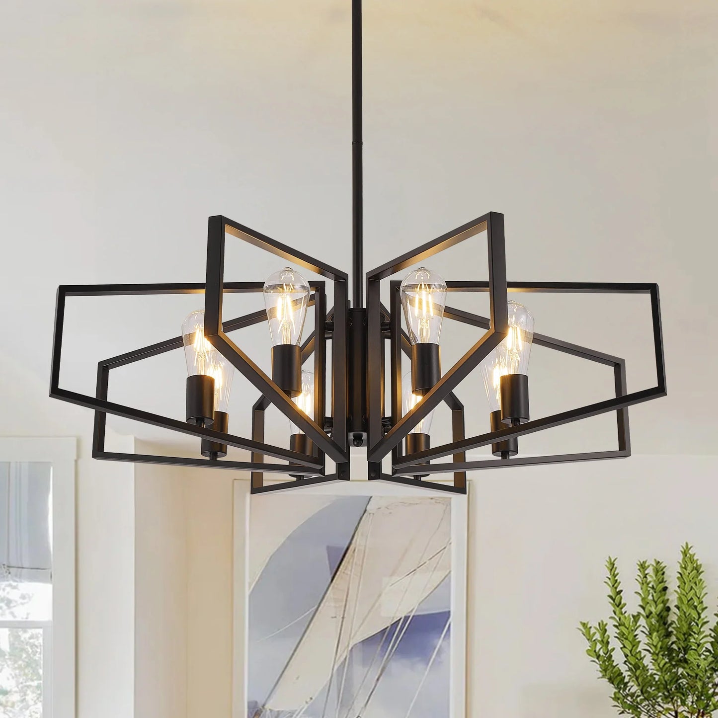 Modern 8-Light Geometric Chandelier Adjustable Height  Light with Black Frame & Golden Accents