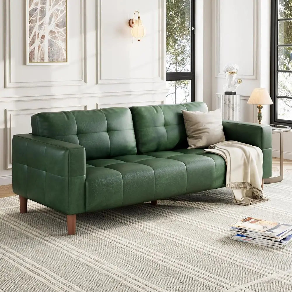 Tri-Seat Wide Leather Sofa with Spring Cushion, Deep Seating and Removable Back Cushions
