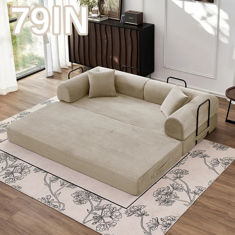79" Convertible Sofa Bed with Fixed-Shape Frame & Removable Armrests, Modular Corduroy