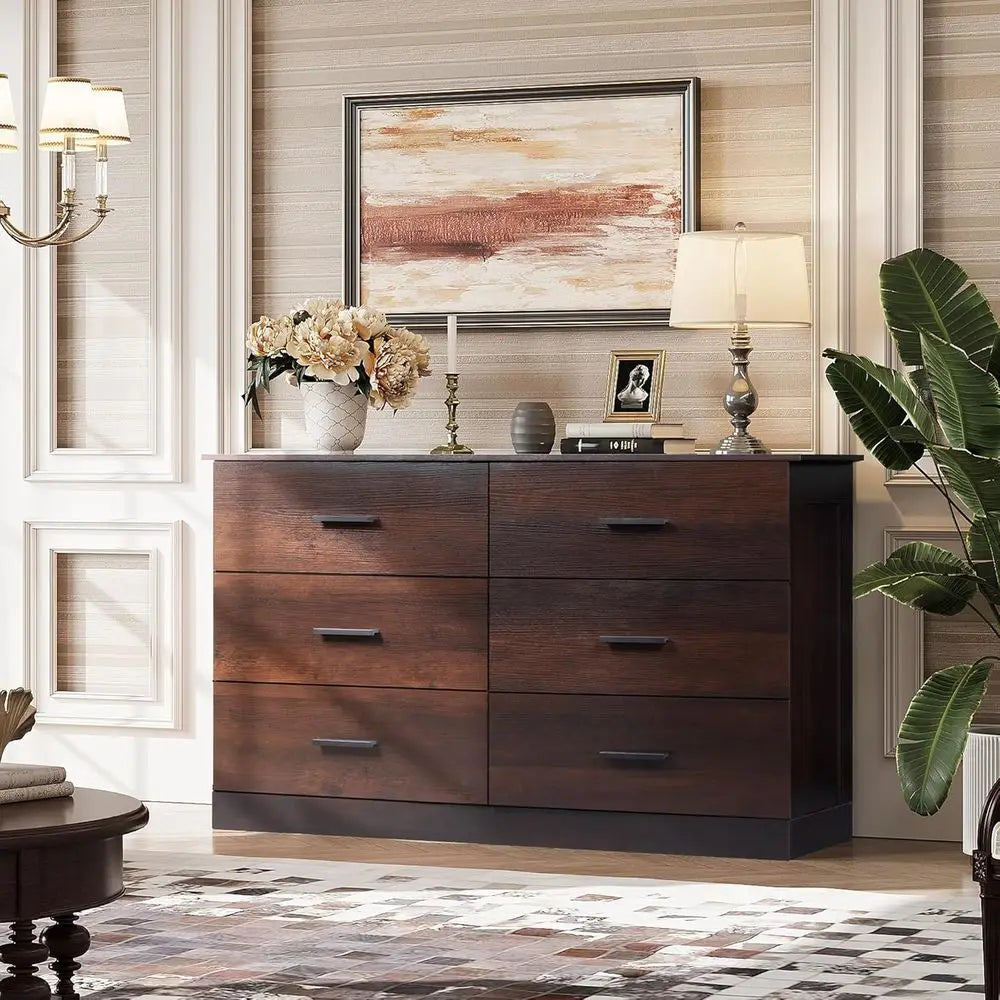 Elegant Wooden Dresser for Bedroom, with 6 Drawers, Large Brown Storage Unit,
