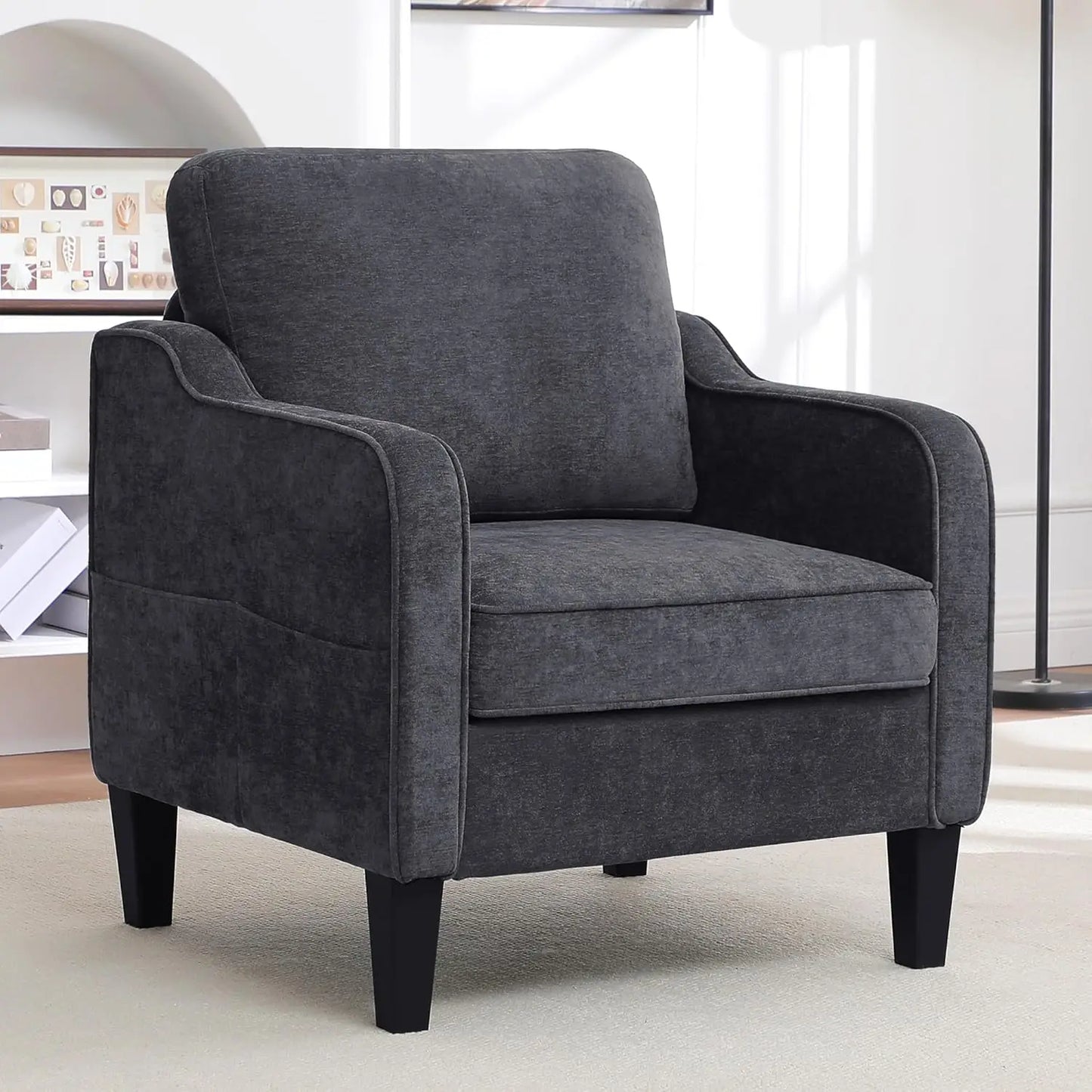 Accent Chair for Living Room, Mid Century Modern Reading Chair , Upholstered Armchair with Side Pockets,