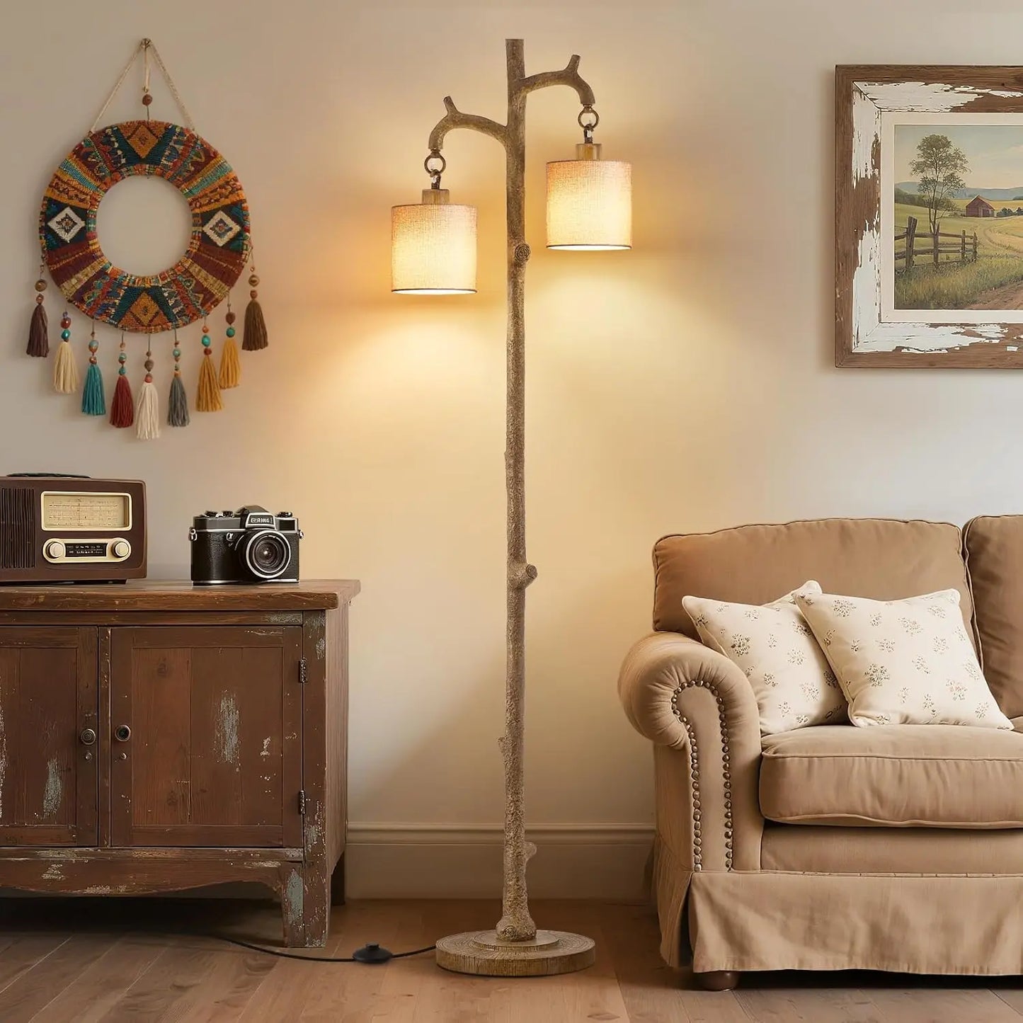 Rustic Farmhouse Floor Lamp with LED Bulbs - Tree Trunk Design for Living Room, Bedroom, Office Decor