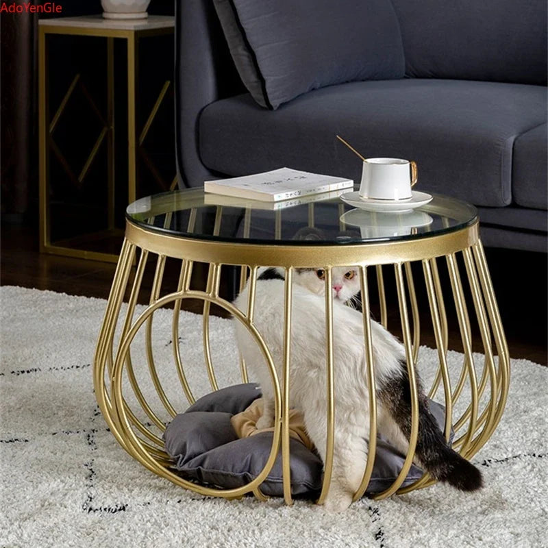 Creative Nordic Iron Tea Table Round Coffee Table for Living Room Cat House Bed