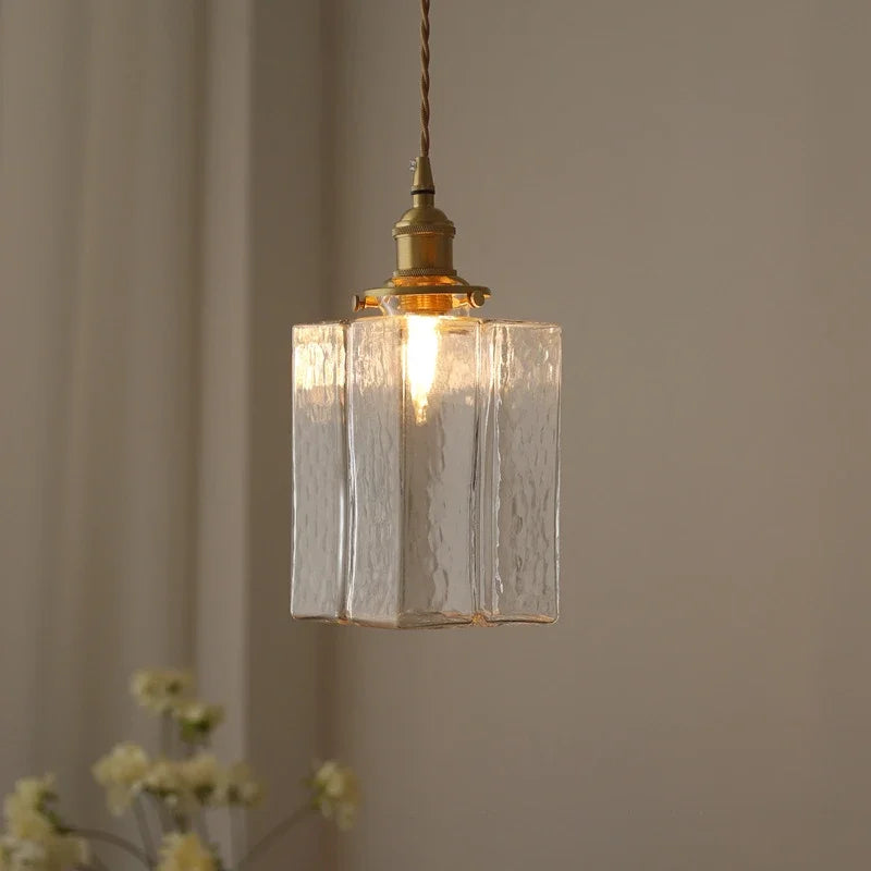Japanese Retro Glass Pendant Light Yellow Copper Bedroom Chandelier Lightingt