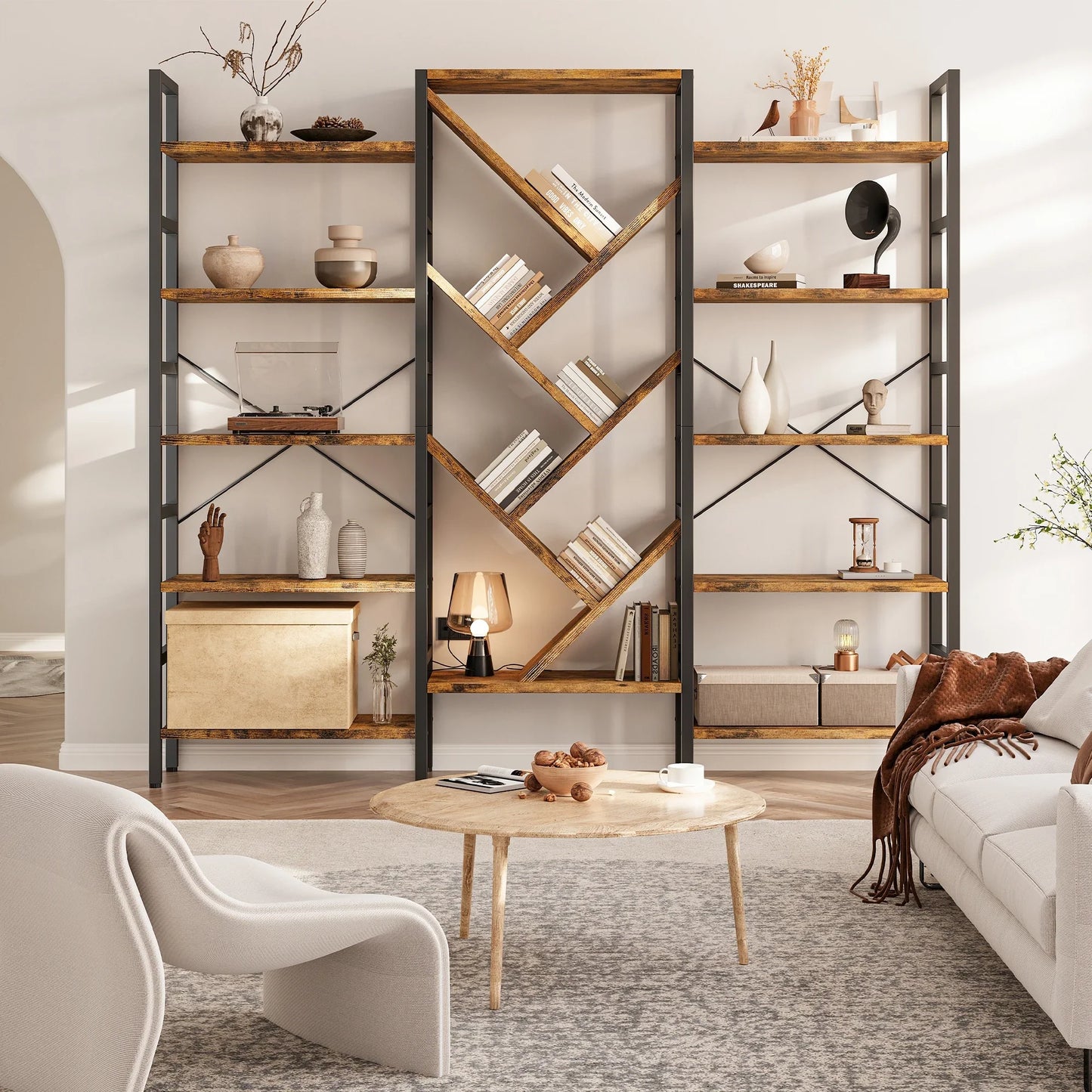 Triple 5 Tier Bookshelf, Large Wooden Bookcase with 17 Open Display Shelves Metal Frame