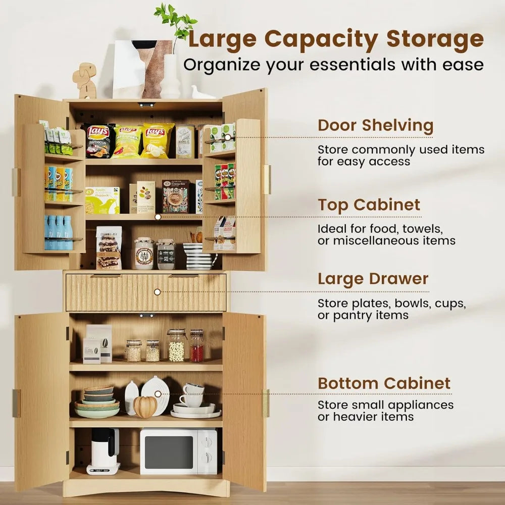 72" Tall Fluted Pantry Cabinet with Adjustable Shelves,  - Natural Oak Kitchen Storage