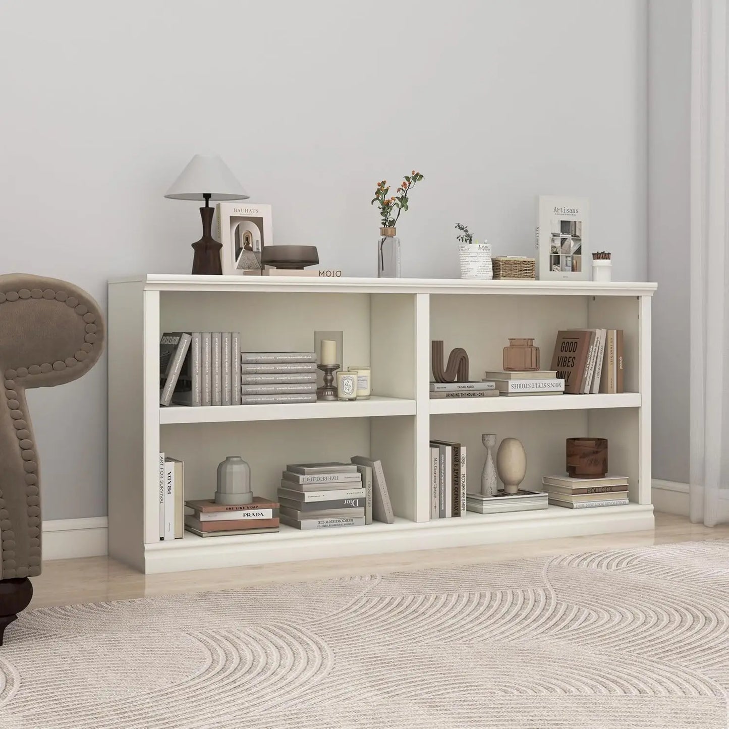 Double Wide Open Shelf Bookcase - 2 Tiers 4 Storage Cube Adjustable Space Book Case