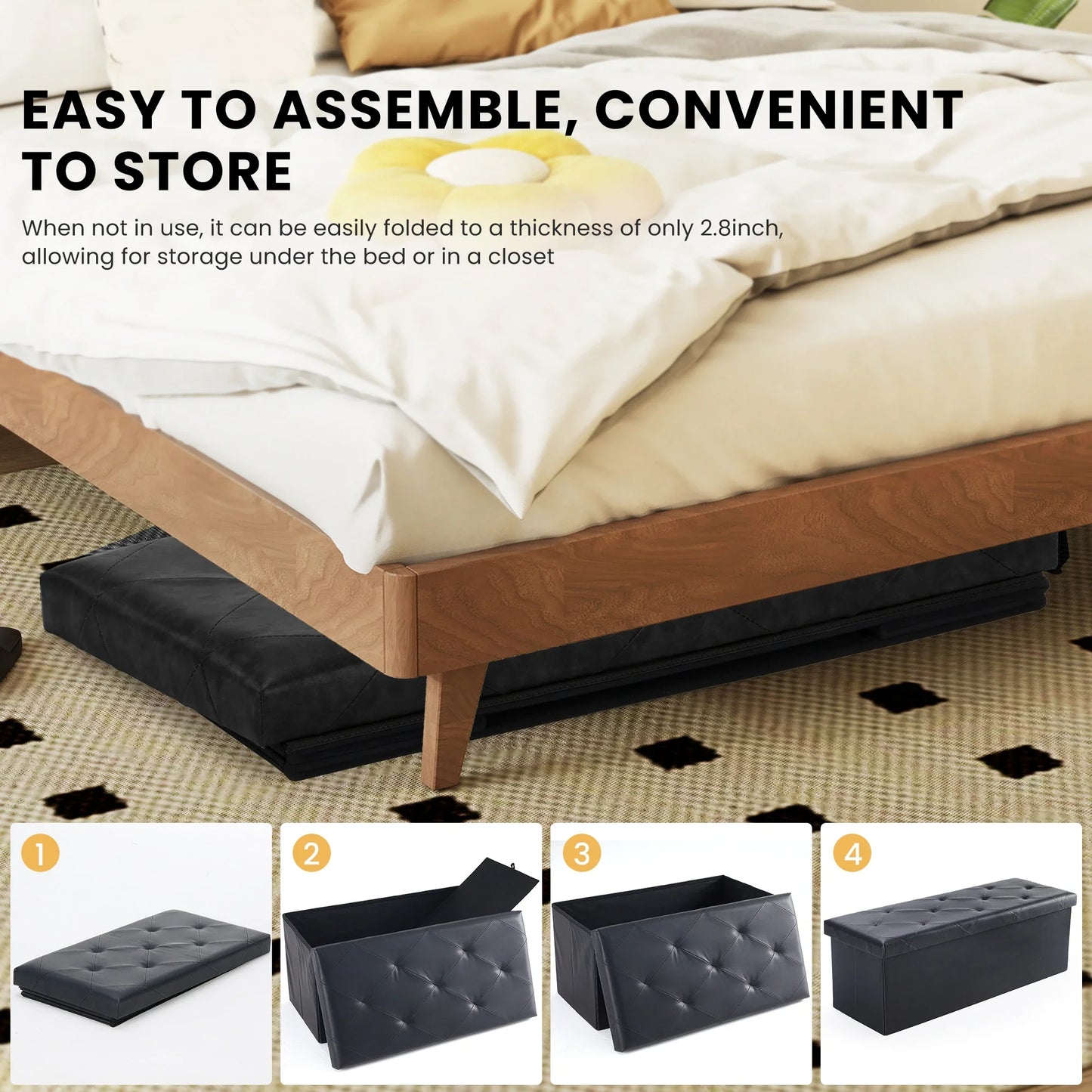 JHK 43 Inches Leather Folding Ottoman Storage Footstool For Living Room