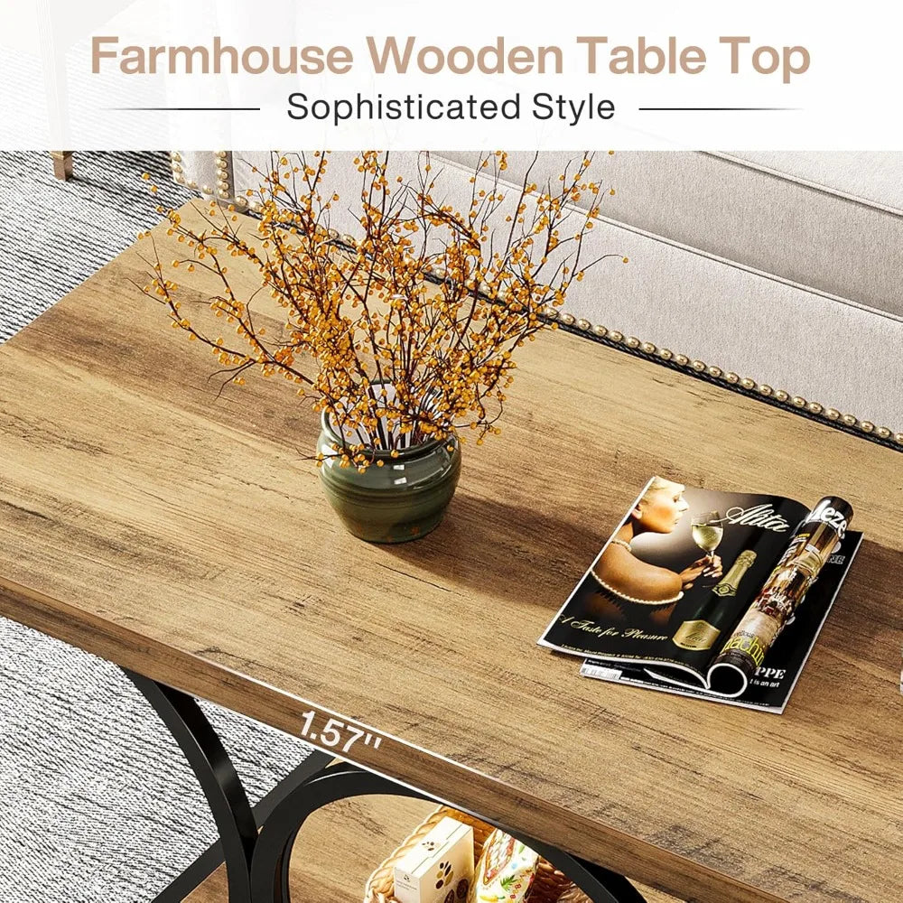 47" Rustic Farmhouse Coffee Table - 2-Tier Wooden Rectangle Center Table