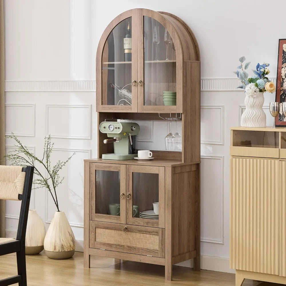 75" Arched Pantry Cabinet with Anti-Tipping Device, Glass Door & Open Storage for Kitchen Dining