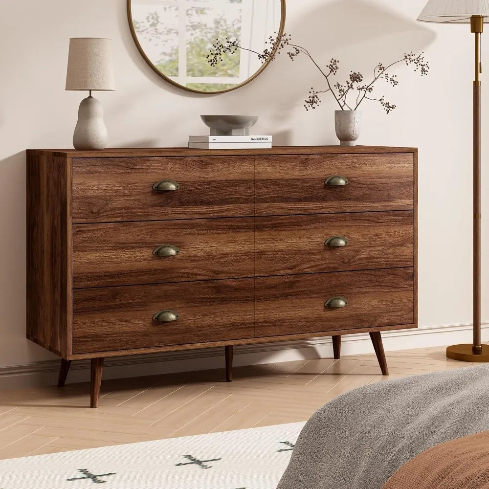 Walnut Brown Dresser  6 Drawer with Wide Drawers and Metal Knob