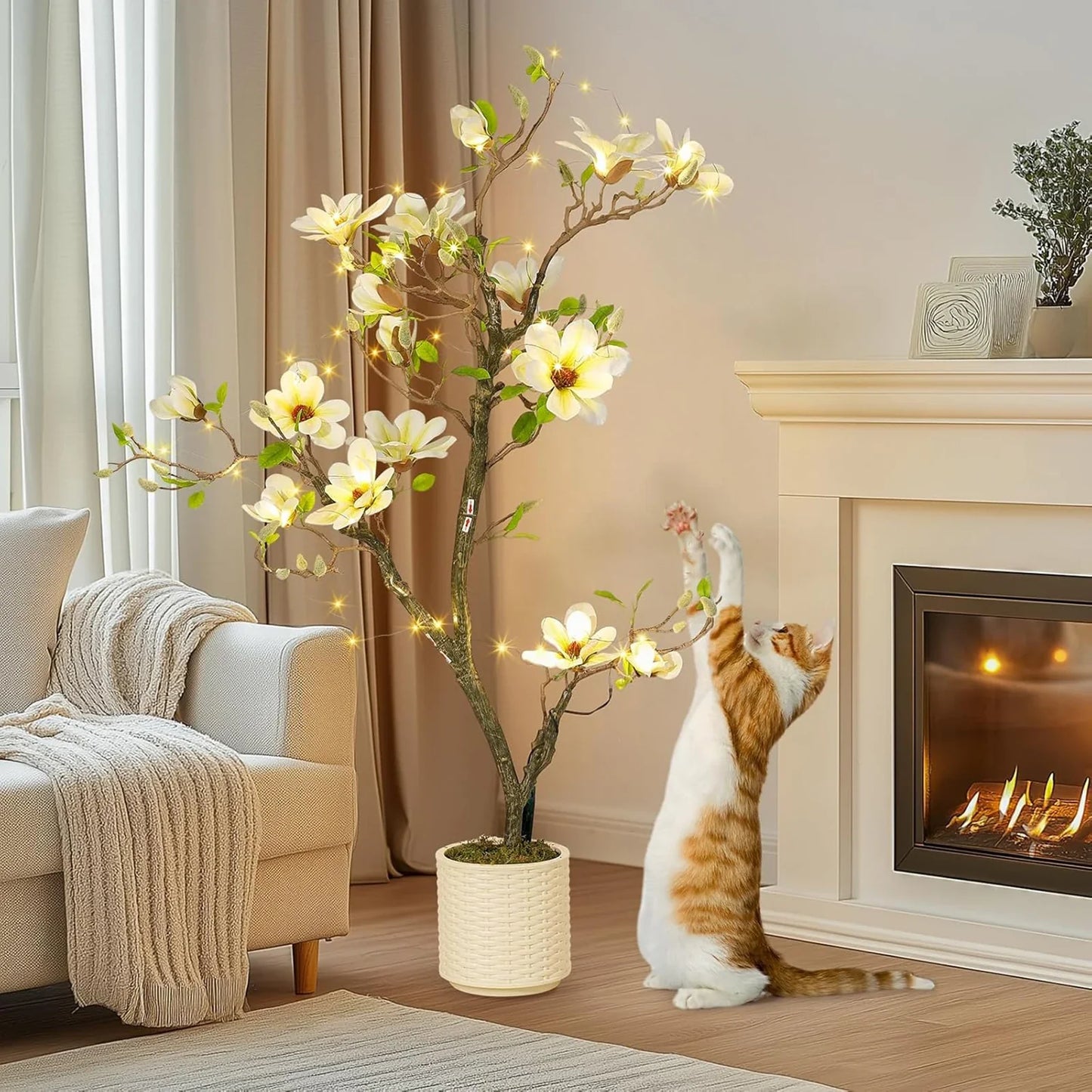 Artificial Magnolia Plant Faux Flower Trees  with LED Light for Yard Patio Home