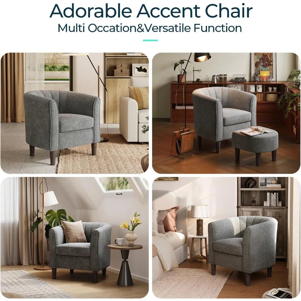 Accent Chair Ottoman Set: Chenille Barrel Chair with Foot Rest,  Upholstered