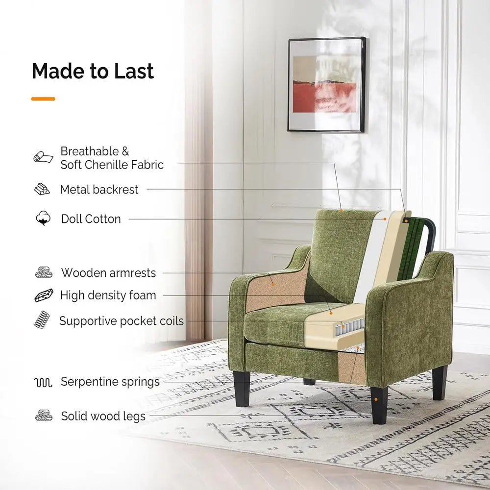Olive Green Mid-Century Modern Upholstered Accent Chair for Living Room, Bedroom