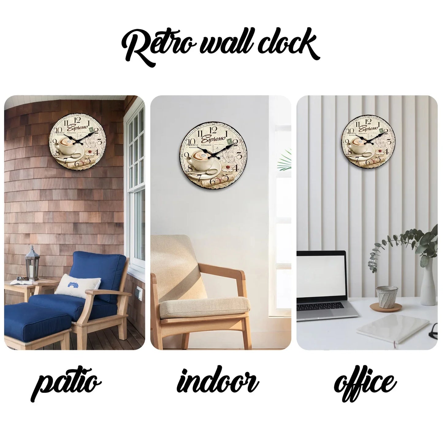 European Retro Coffee Cup Pattern Wooden Wall Clock for Kitchen, Home Decoration, Silent Quartz Clock,