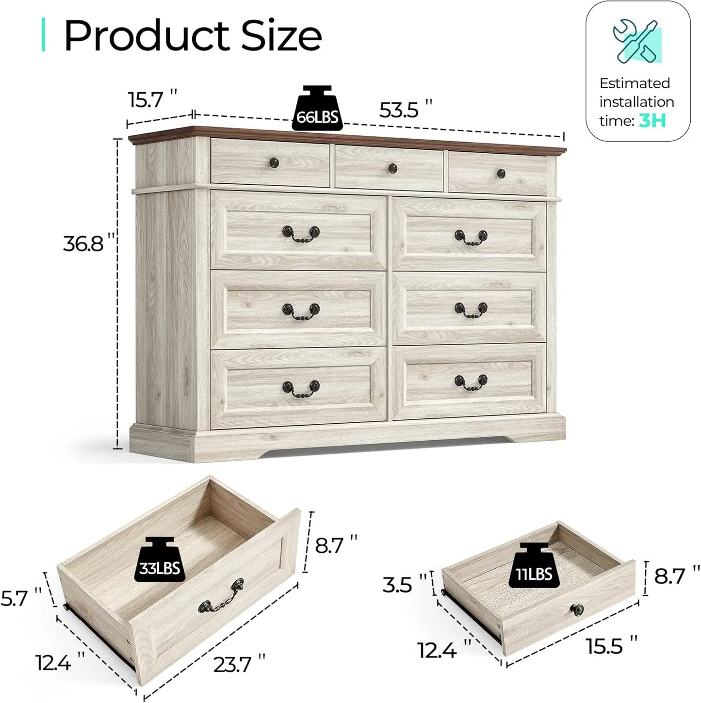 Farmhouse 9-Drawer Wood Dresser for Bedroom, Wide Chest Storage Organizer in Beige