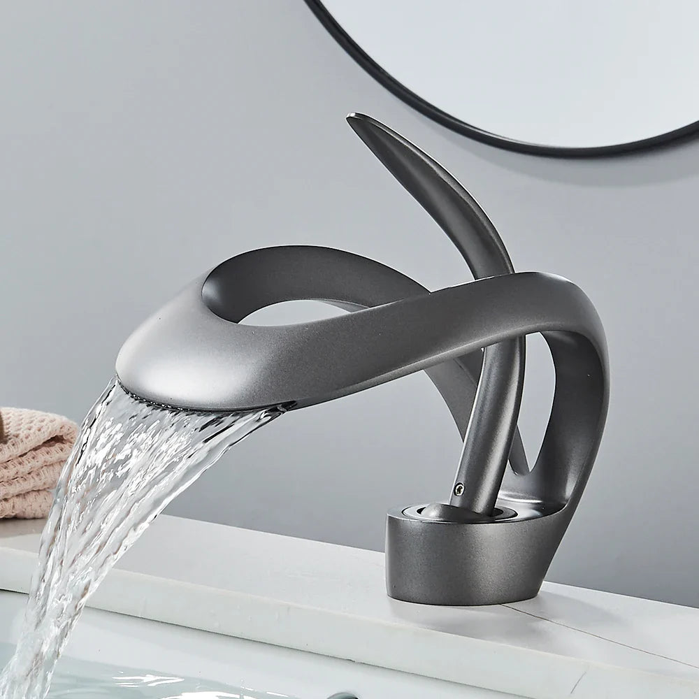 Rozin Luxury Black Basin Faucet Grey Bathroom Waterfall Mixer Tap Brass Deck Mount Modern Style